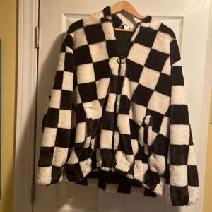 Black and white checkered faux fur hoodie